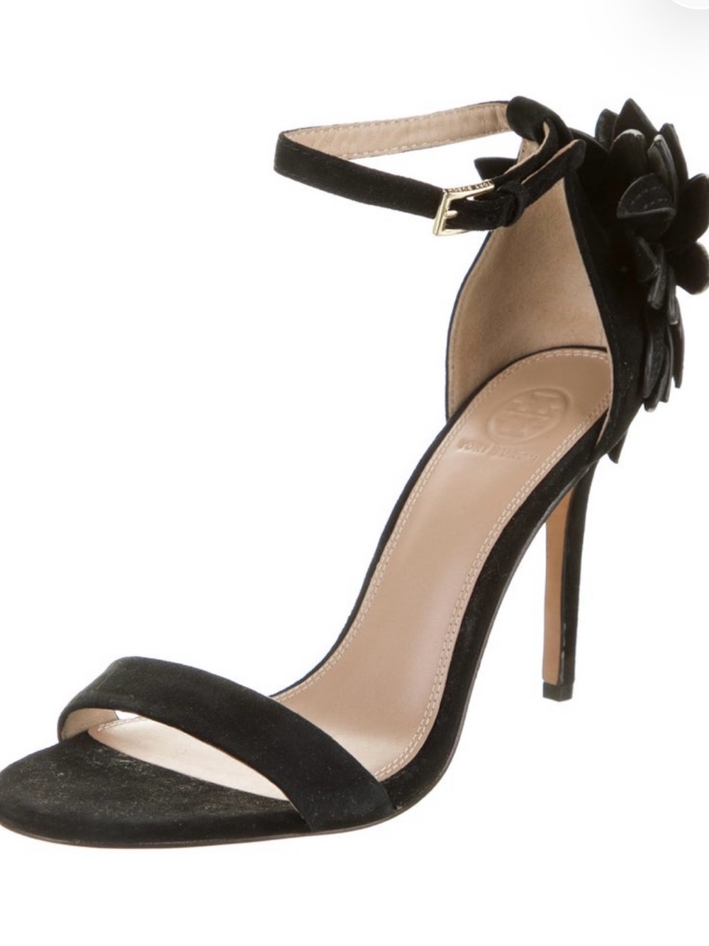 Tory Burch Black Suede Ankle-Strap Stiletto Sandal with Floral Accent